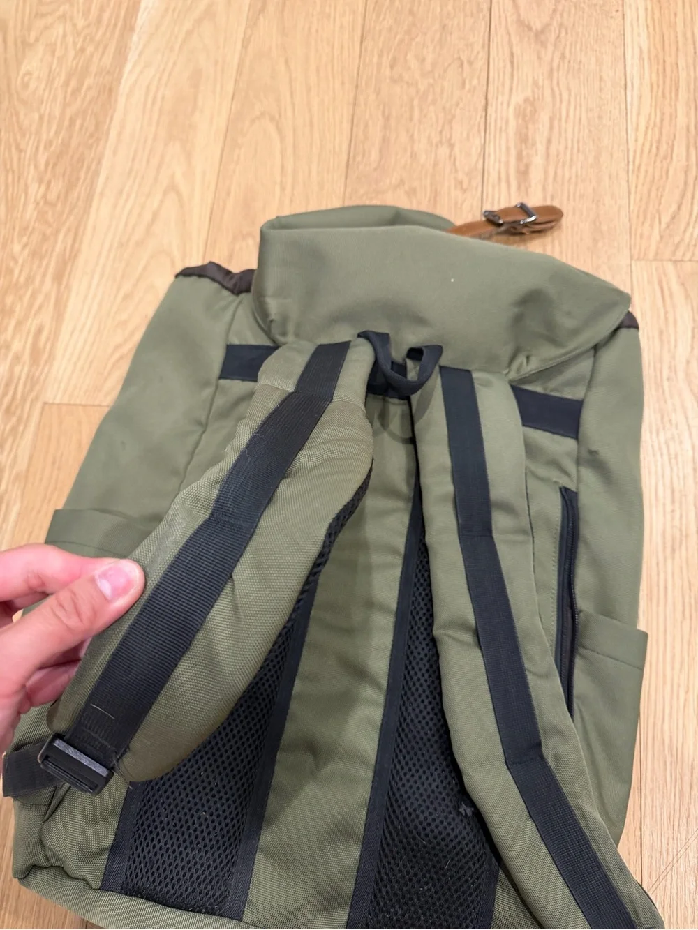 Olive Green Canvas Backpack with Brown Accents